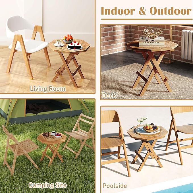 RELAX4LIFE Folding Outdoor Side Table - Teak Wood End Table, Octagonal Coffee Bistro Table w/Slatted Tabletop, Portable Picnic Camp Table for Poolside Porch Garden, Foldable Small Patio Table