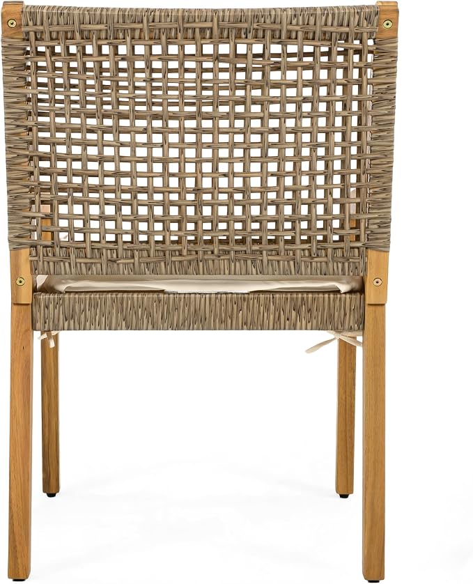 Christopher Knight Home Samma Acacia Wood Outdoor Dining Set for 4, Patio Dining Table Set for 4, Outdoor Dining Table and Sled Base, Dining Chairs with Cushion + Wicker Backrest, Teak+Brown+Cream