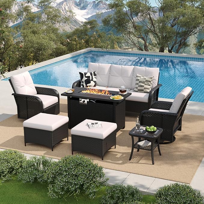 LazySunsets 9 Piece Outdoor Patio Furniture Set with 44'' Fire Pit Table, Outdoor Patio Furniture Set with High Back Swivel Rocker Chairs, Outdoor Conversation Set with Thick Cushions & Ottoman, Beige