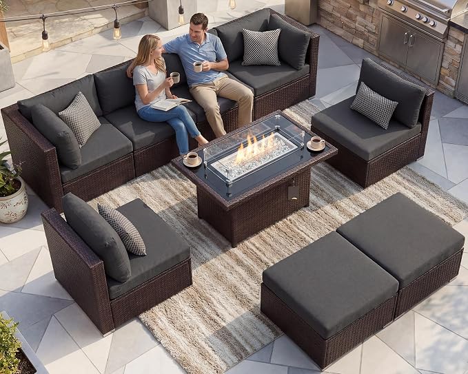 NICESOUL 8 Seat Extra Large Patio Furniture Set with Firepit Table Natural Gas/Propane, 29.3'' High-Back Luxury Outdoor Sectional Conversation Sets for 6 People, Brown Rattan and Dark Grey Cushion