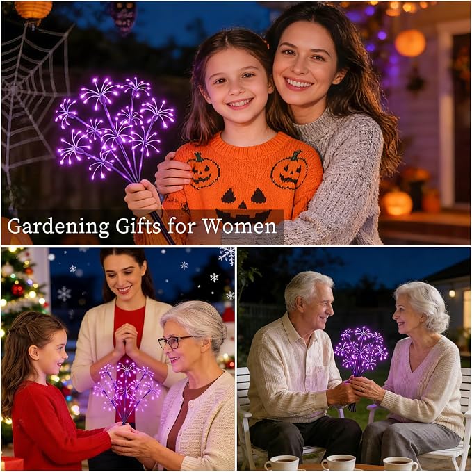 Solar Garden Lights Outdoor, 4 Pack 2-Layer Purple Solar Firework Lights | Purple Halloween Decoration, Waterproof Starburst Fairy Light Garden Decor for Christmas Yard Patio Pathway Lawn