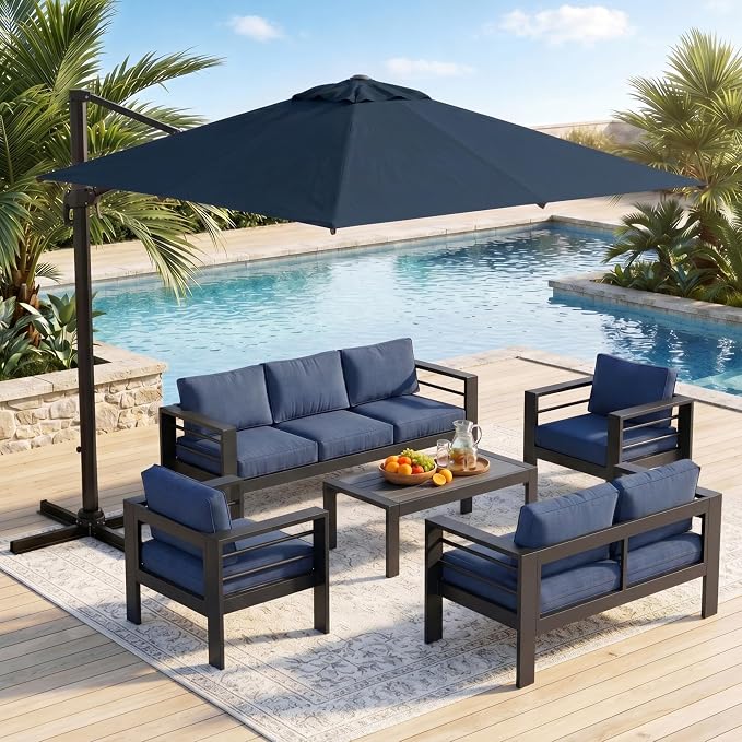 Wisteria Lane 6 Pieces Aluminum Patio Furniture Set with Umbrella, All Weather Oversized Outdoor Furniture Set with Deep Seat and Back Cushion, Patio Conversation Sets with Wide armrest, Blue & Navy