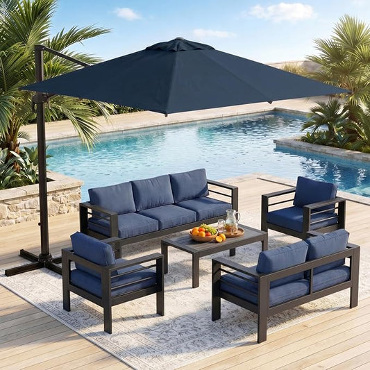 Wisteria Lane 6 Pieces Aluminum Patio Furniture Set with Umbrella, All Weather Oversized Outdoor Furniture Set with Deep Seat and Back Cushion, Patio Conversation Sets with Wide armrest, Blue & Navy