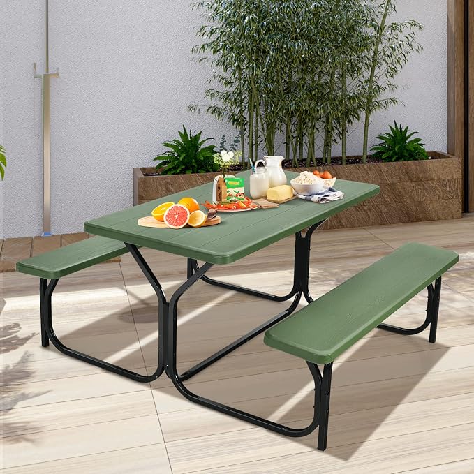 S AFSTAR Picnic Table Bench Set, 59” Expanded Rectangular Picnic Table, Outdoor Table and Bench W/Steel Frame & Wood-Like Texture Tabletop, Camping Table Chair Set for Garden Patio Lawn Deck (Green)