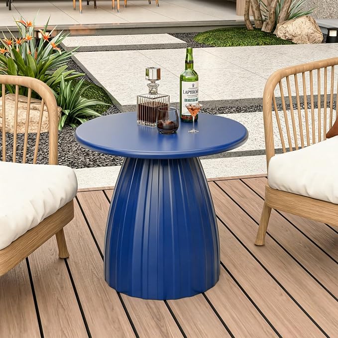 Round Metal Outdoor Patio Side Table, Steel Outdoor Accent Table, Small Patio End Table, for Garden, Pool, Yard, Balcony, Living Room, Deck, Weather Resistant, No Assembly, Blue