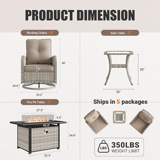 10Pcs Patio Rocking Swivel Chair with 55,000 BTU Fire Pit Table Outdoor Wicker Rattan Bistro Set with Tempered Glass Side Table, Outdoor Patio Furniture Set for Garden and Balcony, Beige