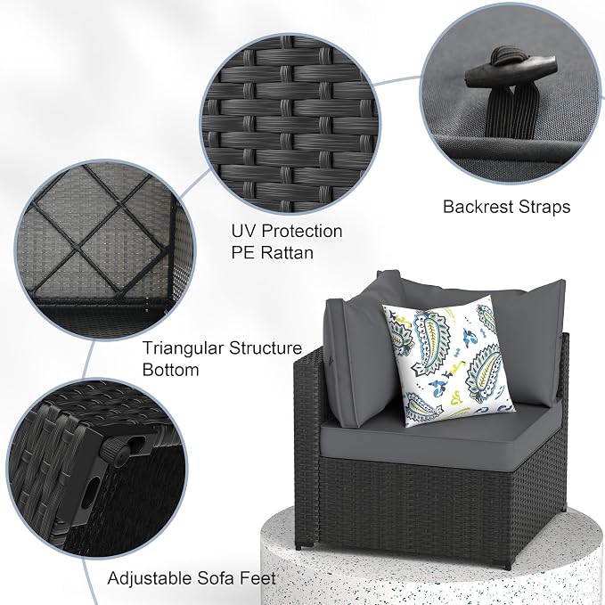 Patio Furniture Set, 6PCS Patio Sectional w/ Fire Pit Tabel Ottoman Wicker Rattan Outdoor Furniture with Thickened Cushion Modular Wicker Patio Conversation Set with Glass Top Table for Balcony(Grey)