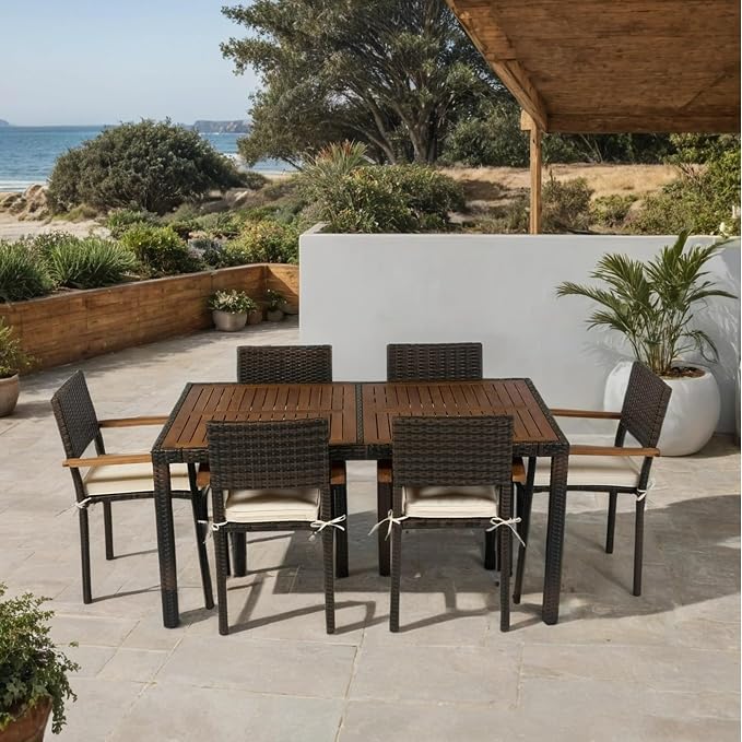 7 Piece Outdoor Patio Dining Set Wicker Furniture Set with Acacia Wood Top Brown Rattan and Cream Cushions 6 Seater Garden Dining Set for Backyard Deck