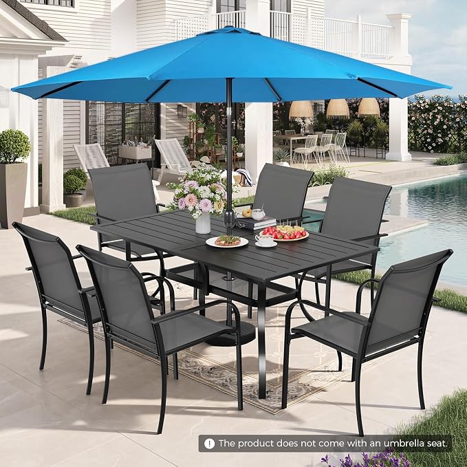 Incbruce 8 Pieces Patio Dining Set with Sky Blue Umbrella, Outdoor Dining Set of 6 Textilene Chairs and Rectangle Table with Umbrella Hole for Backyard, Garden, and Poolside (Grey)