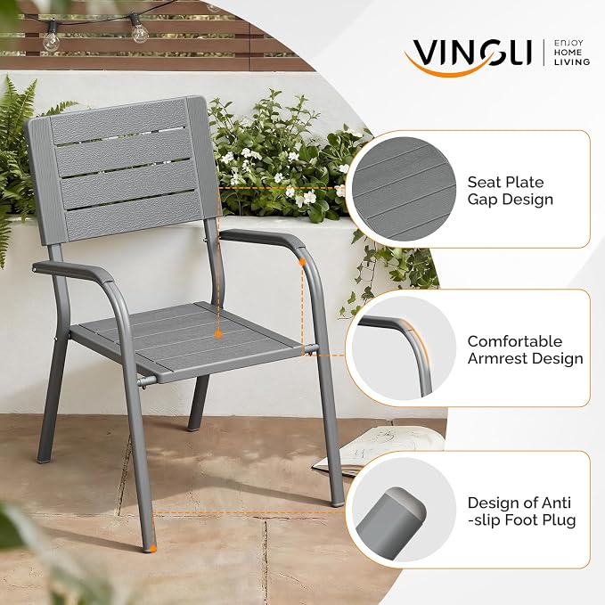 VINGLI Outdoor Patio Dining Chairs, Stackable HDPE All-Weather Arm Chairs, Weatherproof Outdoor Seating for Garden, Backyard, Poolside, Balcony,Grey (4 Pack)