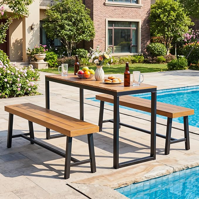 Tangkula Outdoor Console Table, Narrow Patio Dining Table with Acacia Wood Top & Metal Frame, Buffet Table for Small Space, Plant Stand for Deck Poolside Garden Entryway Porch, Natural