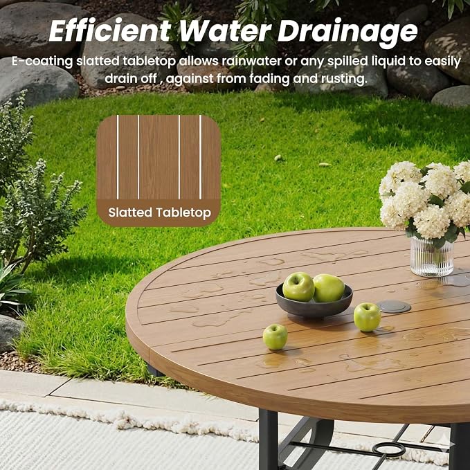 HRVEOCEI 47" Outdoor Round Table with Umbrella Hole, Metal Patio Dining Tables for Lawn Garden, Wood-Like Grain Bistro Table Outdoor for Backyard,Poolside,Deck,Por (Black+Natural, Round)