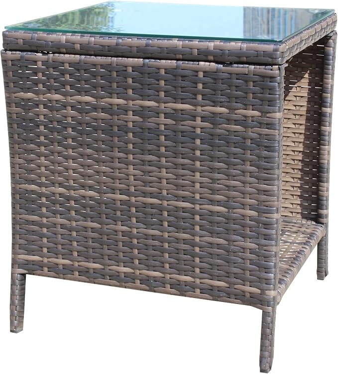 Outdoor Wicker Side Table, 19.25" Patio End Table with Storage & Tempered Glass Top, PE Rattan Coffee Table for Backyard Balcony Garden Lawn, 120 lbs Capacity, Brown