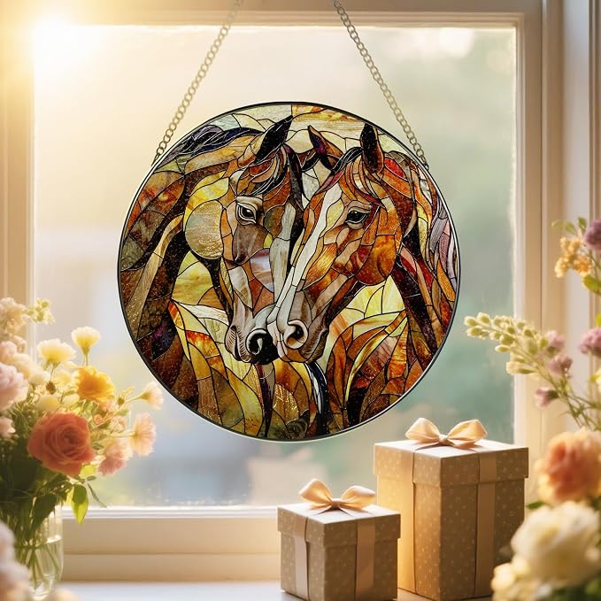 Stained Glass Window Hanging, 8 Inch Horse Suncatcher Ornament, Stained Glass Suncatchers for Windows Hanging, Horse Lover Gift for Women Men, Unique Window Decor for Birthday Christmas Housewarming