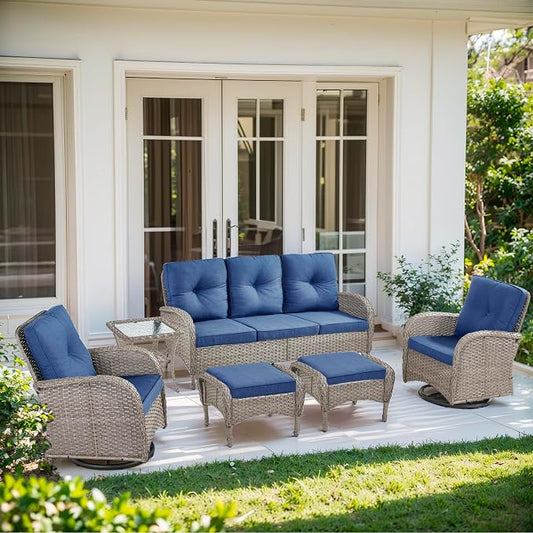 6 Piece Patio Furniture Set - Wicker Patio Conversation Set with Swivel Glider, 3-Seater Sofa, Tempered Glass Side Table and 2 Ottomans for Deck Backyard - Grey Wicker Blue Cushion