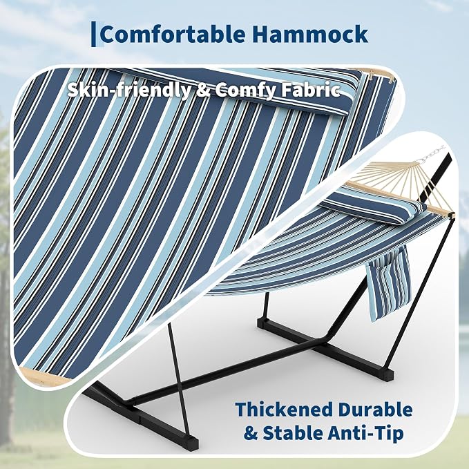 2-Person Hammock with Stand for Outside - Portable Heavy Duty Outdoor Double Hammock - Adjustable Steel Frame, 500 LBS Capacity, for Patio Garden Backyard & Beach