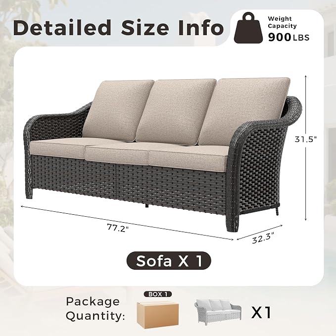 78" Wicker 3-seat Sofa, Outdoor Conversation Furniture, All-Weather Rattan Couch, Steel Frame Couch with Cushions for Garden, Poolside, Porch (Beige)