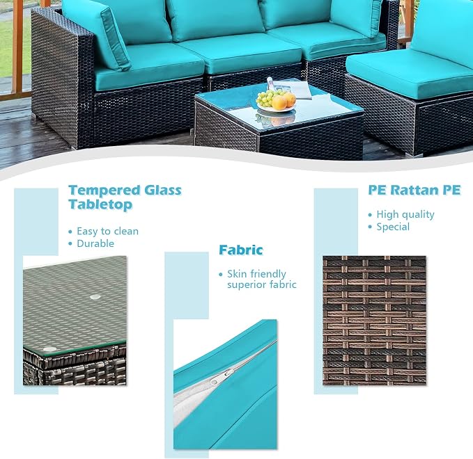 DORTALA 5 Pieces Patio Furniture Set, Outdoor Rattan L-Shaped Corner Sofa Set with Cushions, Coffee Table, Patio Sectional Conversation Set for Backyard Porch Garden Poolside, Turquoise