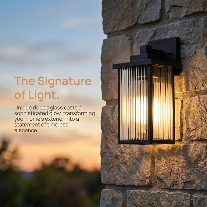 2-Pack 15-Inch Matte Black Outdoor Wall Light, All-Metal Frame | Textured Glass Softens Glare, Stays Bright. Waterproof Rust-Resistant Metal. Pre-Assembled DIY Install on Porch, Garage
