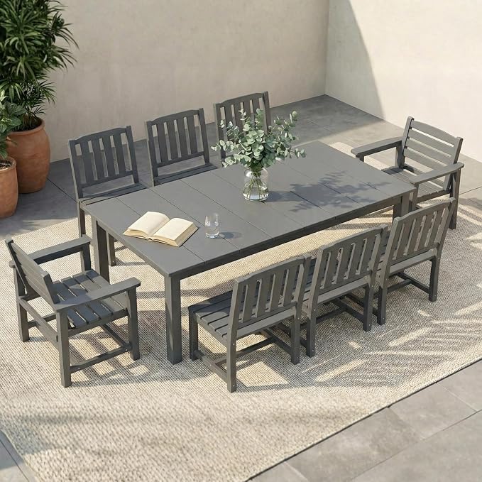 9-Piece Outdoor Dining Set with Aluminum Frame for 8,Gray | HDPE material, 2" umbrella hole, patio table and chairs, ideal for yard, lawn, garden, balcony, deck, poolside