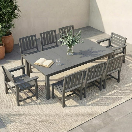 9-Piece Outdoor Dining Set with Aluminum Frame for 8,Gray | HDPE material, 2" umbrella hole, patio table and chairs, ideal for yard, lawn, garden, balcony, deck, poolside