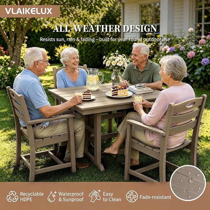 Outdoor Patio Dining Square Table and Armchair 5 Piece Set, Brown | HDPE Material, 1.77" Umbrella Hole, All-Weather, Patio Furniture, Table and 4 Chairs, For Backyard, Deck, Garden