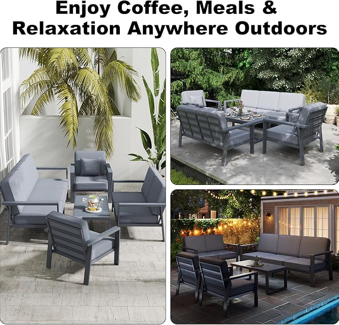 Premium Aluminum Patio Furniture Set 5 Piece,Outdoor Conversation Set with Wide Armrests,5" Thick Cushions, Olefin Fabric,Rustproof Metal Frame,Deep Seating Patio Sofa Set for Backyard,Deck,villa,Gray