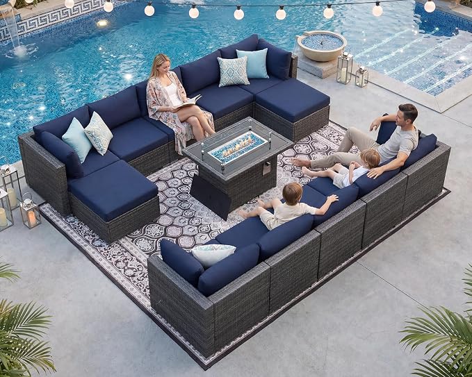 NICESOUL 13 Piece Patio Furniture w/Fireplace, Elegant Outdoor Seating w/Firepit, XL Size 29.3'' High Back Sectional Sofa, All-Weather Rattan Deck Couch, Modular Sturdy Conversation Set, Gray & Blue