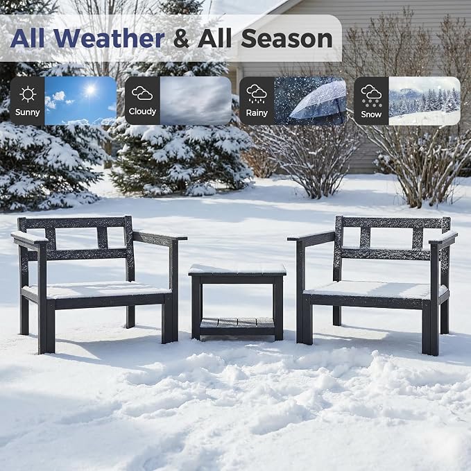 Modular Outdoor Patio Conversation Set, 3-Piece HIPS Chairs with Side Table & Thick Cushions– Side Interlock & Detachable Armrest, All-Weather Patio Furniture Set for Backyard, Deck, Poolside