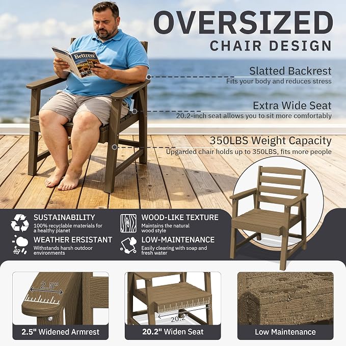 AreShark Patio Dining Chair Set of 2,All Weather HDPE Outdoor Dining Armchairs with Wide Seat and Backrest,Weatherproof Patio Chairs for Garden,Backyard,Deck,Brown