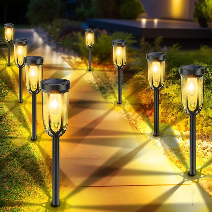 Solar Lights Outdoor 8 Pack, Solar Pathway Lights Waterproof, Garden Lights | Bright Auto On/Off Solar Landscape Lights for Driveway Walkway Lawn Yard (Warm White)