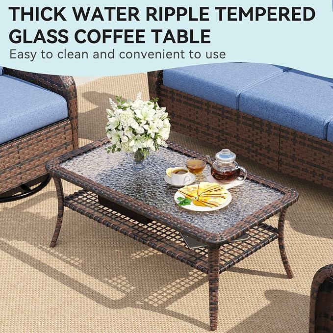 LazySunsets Outdoor Coffee Table with Storage Wicker Patio Coffee Table, Tempered Glass Top Table for Patio Outside Balcony Porch Deck, Brown