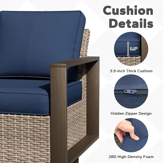 Outdoor Patio Swivel Rocker Chairs, 5 Pieces Wicker Furniture Set, 2 Swivel Rocking Chairs, 1 Sofa and 2 Ottoman, Metal Wide Armrest, Thick Cushions and Deep Seating for Garden, Backyard, Porch, Deck