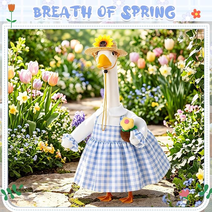 FuWeave Spring Summer Goose Outfit Porch Goose Clothes for 23" Large Statue Outdoor Patio Yard Lawn Art Decoration, Blue Plaid Dress Sunflower Hat