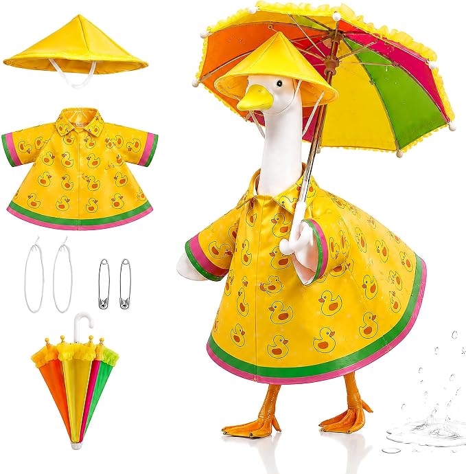 Porch Goose Raincoat Outfit 3Pc Set for 23 Inch Large Lawn Goose Statue - Yellow Waterproof Goose Clothes with Umbrella Hat -All Weather Outdoor Garden Patio Yard Front Porch Decor Goose Costume