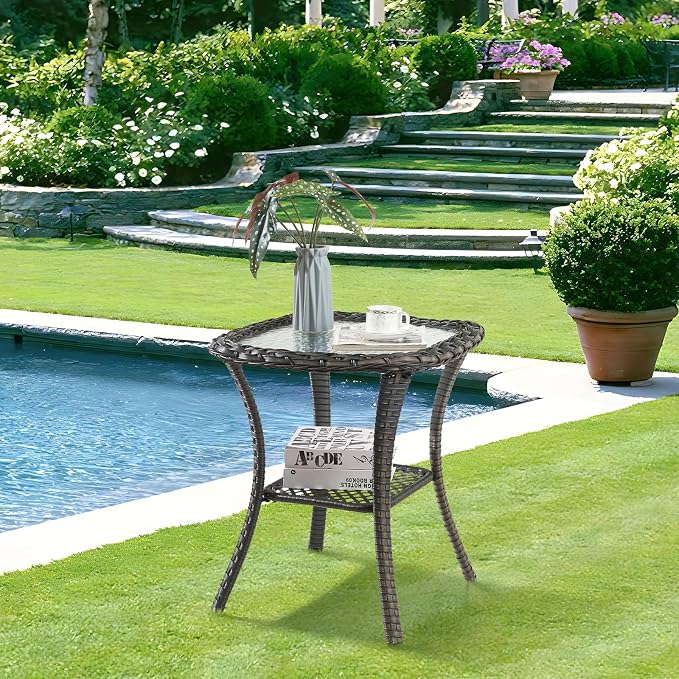 Patio Furniture Set 2 Wicker Patio Chairs with PE Rattan Side Table Set Brown Wicker Grey Cushions Patio Conversation Set 3pcs for Garden Balcony Sunroom Backyard Deck Porch