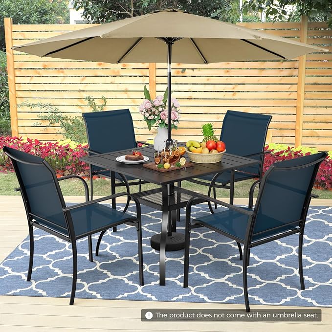 Incbruce 6 Pieces Patio Dining Set with Brown Umbrella, Outdoor Dining Set of 4 Textilene Chairs and Square Table with Umbrella Hole for Backyard, Garden, and Poolside (Blue)