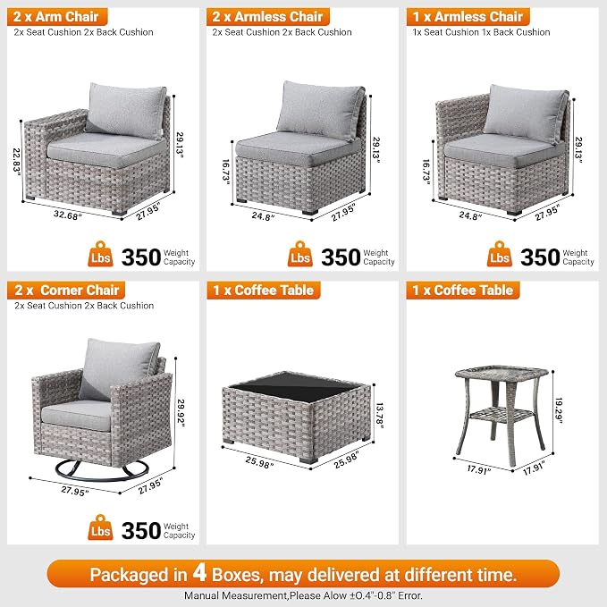 9-Piece Patio Furniture Set, Outdoor Wicker Furniture Sectional Set with Coffee Table, High Back Swivel Rocker Patio Chair, Modern Rattan Outdoor Conversation Set for Porch, Balcony, Garden, Dark Gray