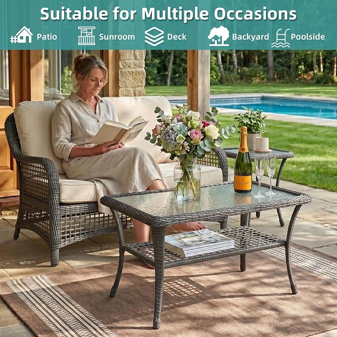MEETWARM Wicker Patio Coffee Table, 34.5" Rectangle Outdoor Coffee Table with Tempered Glass Top and 2-Tier Storage Shelf, All-Weather Rattan Patio Side Table for Outside Poolside Deck Garden, Gray