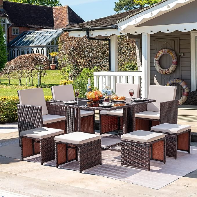 Homall 9 Pieces Dining Outdoor Furniture Patio Wicker Rattan Chairs and Tempered Glass Table Sectional Conversation Set Cushioned with Ottoman (Brown)