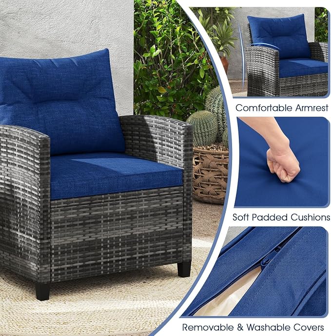 LDAILY Patio Furniture Set, 3 Pieces PE Rattan Wicker Patio Sofa Chairs with Washable Cushion & Glass Table, Outdoor Furniture Conversation Sets for Porch, Balcony, Garden, Poolside (Navy)