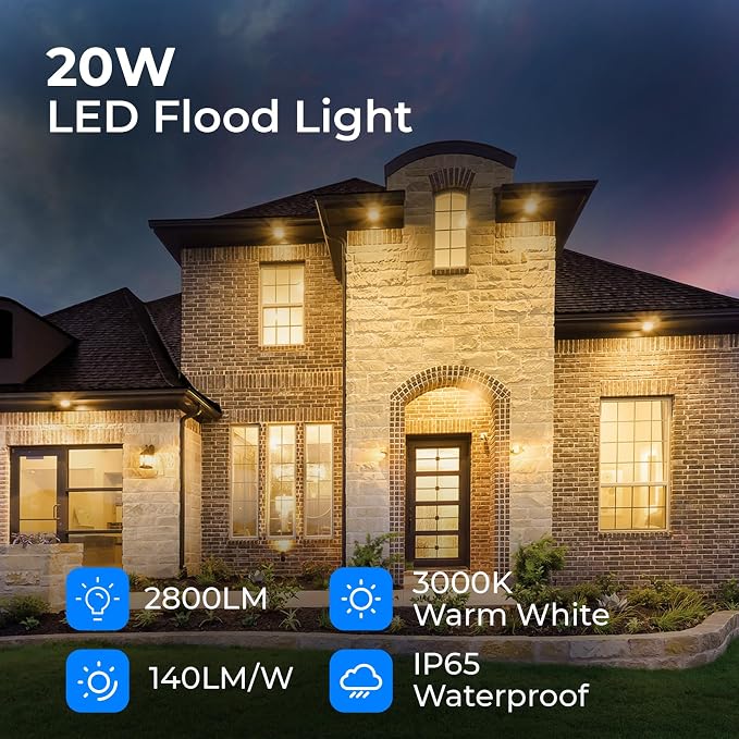 CINOTON 20W LED Flood Lights Outdoor, IP65 Waterproof Exterior Security Wall Light with 180°Knuckle, 2800LM 120V Outside Aluminum Lighting Fixture for Yard Patio Garage Doorway 3000K 2 Pack, UL Listed