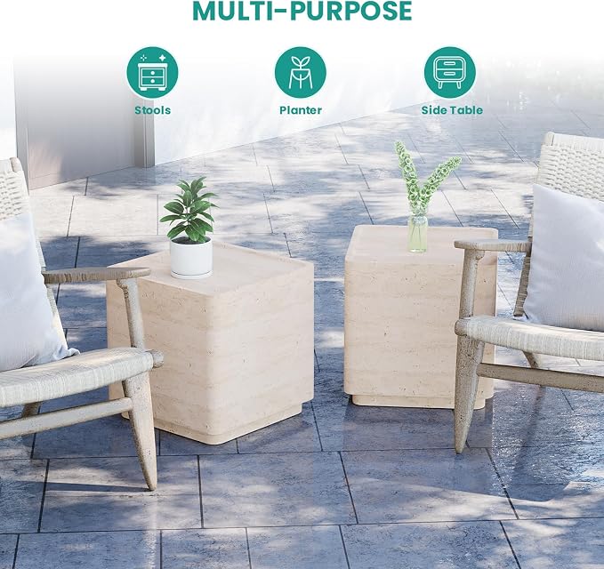 SUNBURY Outdoor Side Table, 14" W Concrete Accent End Table Rectangular Design, Patio Side Tables, Outdoor Coffee Tables, Garden Stool End Table for Living Room, Backyard, Sandy Yellow