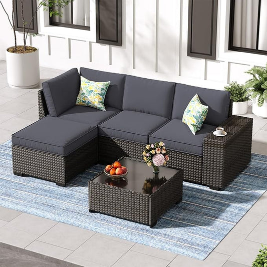 Jing's Villa 5-Piece Patio Furniture Set, All-Weather Outdoor Wicker Sectional Sofa with Cushions, Tempered Glass Table & Ottoman, Rattan Conversation Seating for Porch, Garden, Backyard,Grey