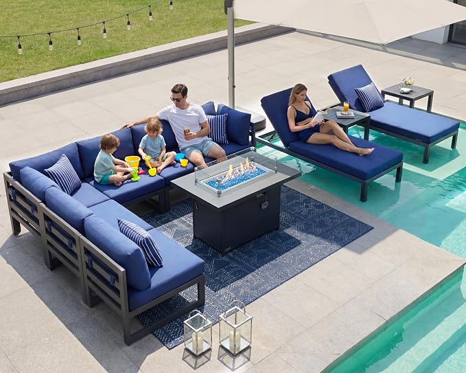 RADIATA 11 Piece Large Modern Aluminum Patio Furniture Set, Fade Resistant Modular Outdoor Conversation Set with Lounge & Fire Pit Table, 500 lbs Durable Modular Sectional Sofa for Garden, Navy Blue
