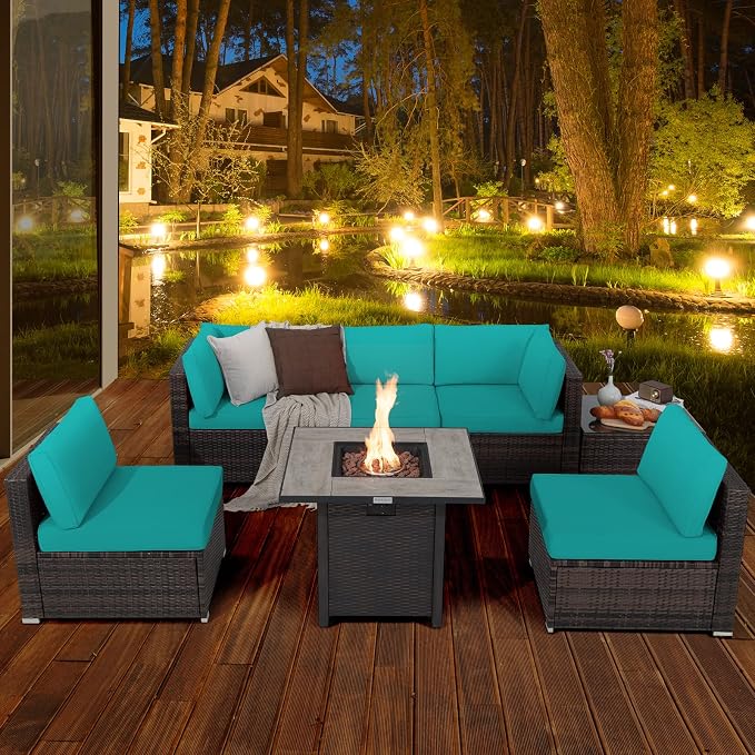 Tangkula 7 Piece Patio Furniture Set with Fire Pit Table, Patiojoy Outdoor PE Wicker Conversation Sectional Sofa Set with 30 Inches 50,000 BTU Propane Fire Pit Table, Waterproof PVC Cover (Turquoise)