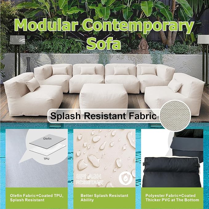 Dineli ANNYH CALALUNA 7Pc Patio Garden Furniture Sectional Conversation Set.Combines 4Middle, 2Corner, 1Ottoman/Coffee Outdoor Exp Foam Filled Chairs. A Unique Modular Contemporary Sofa (Light Beige)