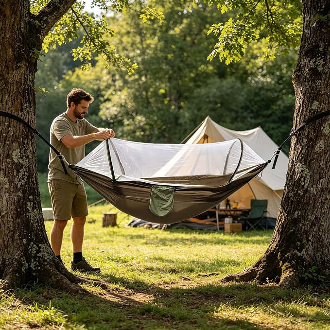 Heavy Duty Hammock with Mosquito Net–Canvas Hammock, Fade-Resistant Cotton Lounger, Roll-Free Comfort Design, Easy Setup for Backyard, Porch, Garden, Camping, Travel (Army Green)