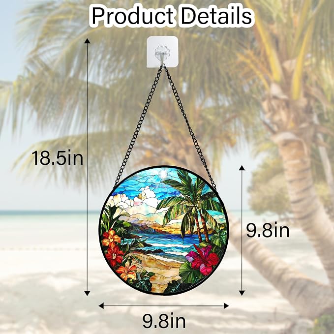 DASTOLL Stained Glass Window Hanging, Blue Beach Scenery Suncatcher Diamond Glass Panel Hangings Sun Catchers Decor for Birthday for Women, Men, Wife, Aunt, and Mom 9.8 in