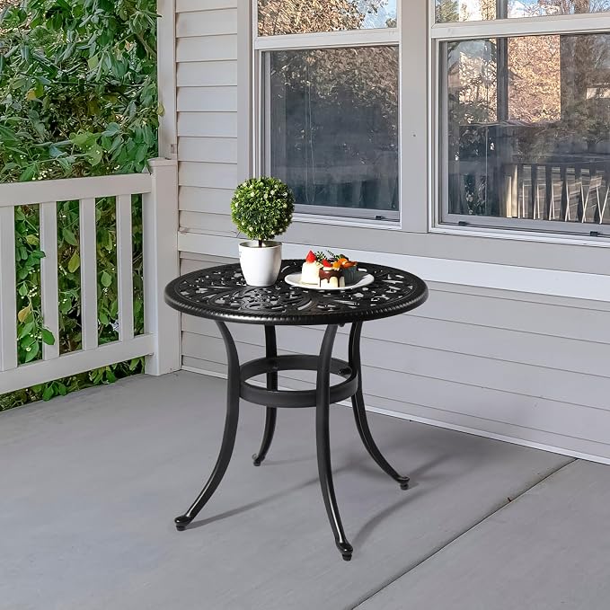 23.6" Cast Aluminum Outdoor Dining Side Table,Round Patio Dining Table,All-Weather Outdoor Dining Table,with Umbrella Hole,for Garden Pool Deck Lawn Backyard (Black)